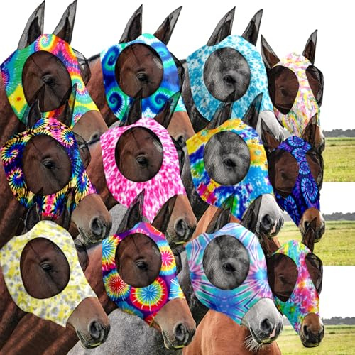 Qualirey 12 Pieces Horse Fly Mask Bulk Comfortable Elasticity Mask for Horses with Ears Net UV Protection Breathable Face Covering for Pony and Foal(Large,Tie Dye Patterns)