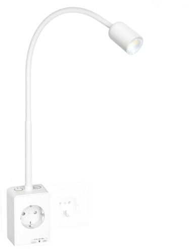 PRINCEWAY Lampara de Lectura Foco LED Regulable con Enchufe y Toma de Corriente, Blanca Aplique Mesita de Noche Pared para Dormitorio, Dos Interruptores Táctiles, 3 Modos de Color, Salida USB