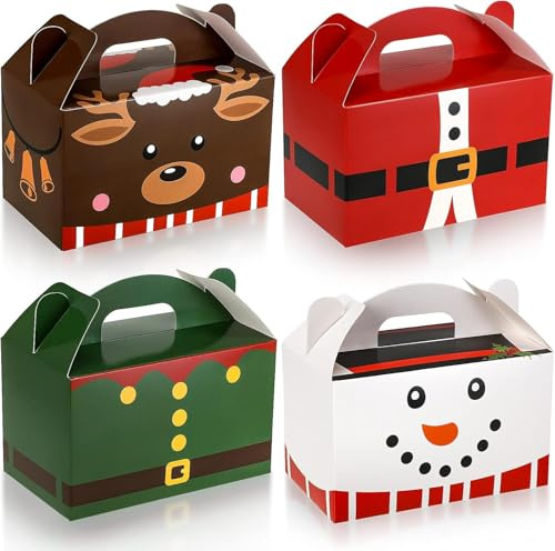 LATERN 24 st julgodislådor, 15 cm x 9 cm kartong godis kaka låda rutig jultomte älva snögubbe älg pepparkakor jul presentförpackning med handtag för semester tacksägelse julfest (4 mönster)