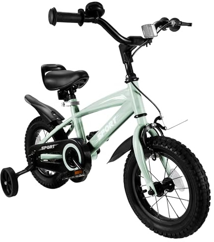 BODIOO Bicicletta per bambini da 12 pollici con sedile regolabile, freni doppi, rotelle, riflettore e parafango, adatta per bambini da 84 a 97 cm (grigio menta)