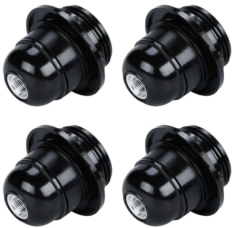 E27 Lamp Holder Black 4-Pack - Bakelite Edison Screw Bulb Holder with 10mm Threaded Entry & Shade Ring for Table, Ceiling, Pendant Light Fittings