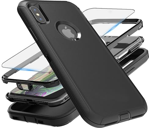 GuardCase Handyhülle für iPhone X/XS Hülle, Militärklasse 3 in 1 Schwere stoßfeste/stürzsichere/staubfeste Handyhülle mit 1 Gehärtetes Glas-Bildschirmschutzfolie für iPhone X/XS 5.8(schwarz)