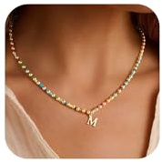 Turandoss Colorful Beaded Initial Necklaces for Women Trendy, Dainty 14K Gold Plated Beads Letter M Colorful Beaded Pendent Necklace Birthday Personalized Friendship Jewelry Gifts for Women