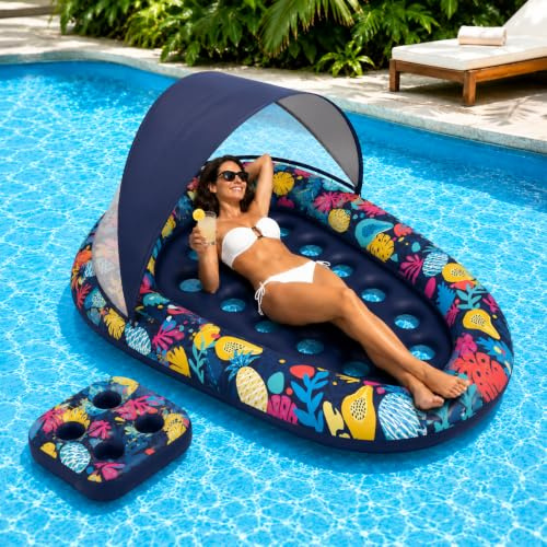 Float Tube, Panemy Bouee Piscina Adulto para Leer, Colchón de Piscina Inflable, Sillón Inflable Piscina con Sombrilla, para Lecturas de Verano y Fiestas Acuáticas (Azul Oscuro, L)