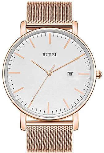 BUREI Ultra Dünne Uhren Herren Roségold Analoges Datum Armbanduhr Herren mit Japanisches Quarzwerk, Geschenke für Männer