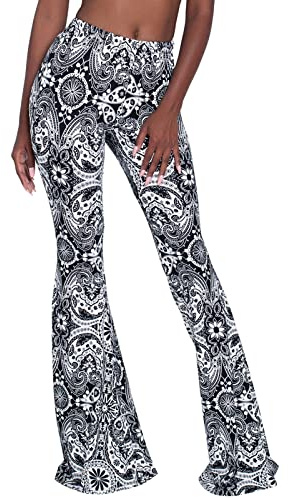 Nuofengkudu Femme Long Legging Pantalon Evase Taille Haute Stretch Large Evasee Boheme Vintage Hippie Fleurie Imprime Trousers Skinny Collant Yoga Pants Disco Danse Fête Noir M