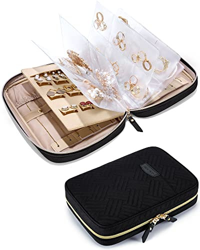 BAGSMART Jewelry Travel Organizer Case for Home Jewelry Organizer Storage Ring Binder Clear Bags Zipper Rolls Pouch for Necklaces, Earrings, Rings, Bracelets, Black