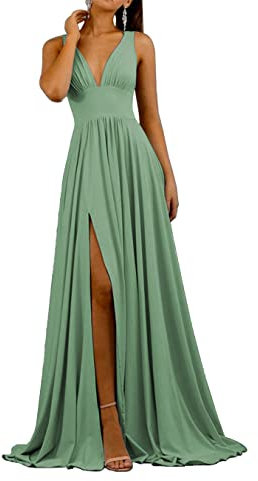 HPPEE Abito da damigella d'onore da donna, scollo a V, taglie forti, abito da sposa con spacco, Verde salvia, 46