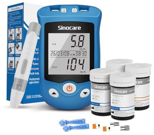 Sinocare Misuratore di Glicemia e Acido Urico, Safe AQ UG Multifunzione 2 in 1 Kit di Monitoraggio Accurati Test a casa, con 50 Strisce Reattive per il Glucosio e 50 Strisce per l'Acido Urico -mg/dL