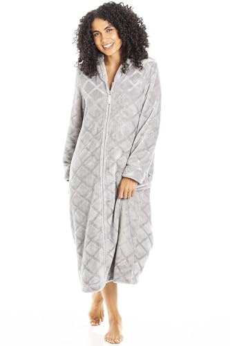 Camille Womens Full Length Fleece Zipped Housecoat | Soft & Fluffy Dressing Gown | Long Sleeves, Zip Close & Pockets | Heavyweight, Cosy Luxury | Warm & Comfy Home Loungewear | Grey 10-12