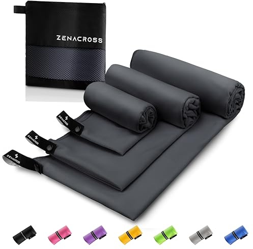 Zenacross Mikrofiberhandduk (Set om 3) med Transportväska - Kompakt Sporthandduk, Snabbtorkande och Absorberande S, M, L - Bluu ya Giza