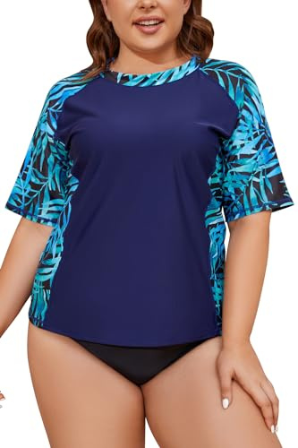 SHEKINI Camiseta de Natación con Protección Solar para Mujer Camiseta de Surf de Manga Corta Traje de Baño Superior Talla Grande（XXL，Azul Oscuro-SY）