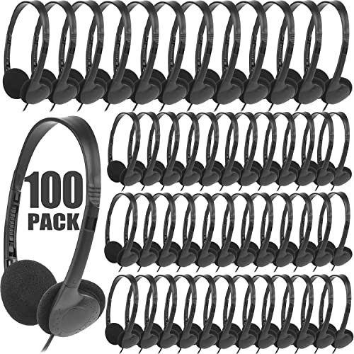 XOSDA Paquete de 100 auriculares desechables al por mayor para niños, juego de clase de bajo costo para estudiantes escolares, niños, adolescentes y más (LS04, 100 negro)