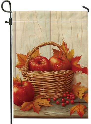 Cesta de cosecha de otoño, bandera de jardín de manzanas, hojas de arce rojas, decoración de otoño, banderas de jardín, bandera de patio de doble cara, decoración de césped al aire libre, 12 x 18