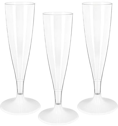 Perla - 48 Flute Plastica - Calici Plastica Rigida 120ml - Bicchieri da Champagne Trasparenti - Calice Lavabile e Riutilizzabile per Feste Matrimoni e Compleanni (Gambo Bianco)