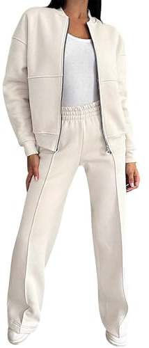 JOASDAO Lounge Set Oversized Zip Up Bomber Jacket and Sweatpants Casual Matching Sets Tracksuits(Beige,XXL)