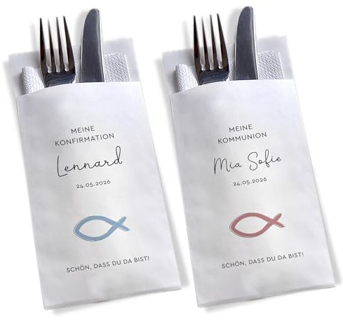 Tischdeko personalisierbare Bestecktasche für Taufe Kommunion Konfirmation Firmung jeder Anlass Motiv Fisch