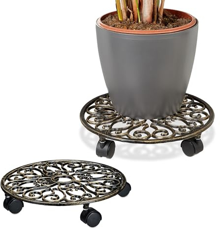 Relaxdays Soporte Macetas con Ruedas, Set 2, Redondo, Diseño Antiguo, Hierro Fundido, 7,5 x 34 cm, Plato Plantas, Bronce