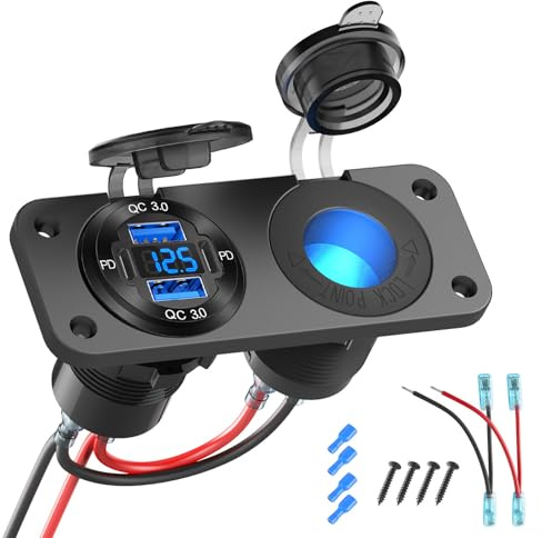 4 porte Presa USB 12 volt Pannello presa accendisigari, doppia porta USB PD3.0 e doppia porta QC3.0 Caricabatteria da auto in alluminio con voltmetro e presa illuminata 150W, kit fai da te 2 in 1