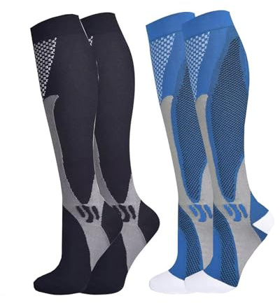 Calze a compressione muscolare da uomo e da donna, 2 paia di calzini estivi professionali sottili traspiranti, calze di sostegno e compressione per lavorazioni in piedi, volo e sport, blu + nero