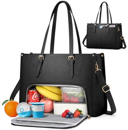 RAINSMORE Borsa Lavoro Donna con Scomparto Pranzo Isolato Grande Borsa Porta PC 15.6 Pollici Impermeabile Borse Tote Pelle PU per Università Ufficio Shopper Nero
