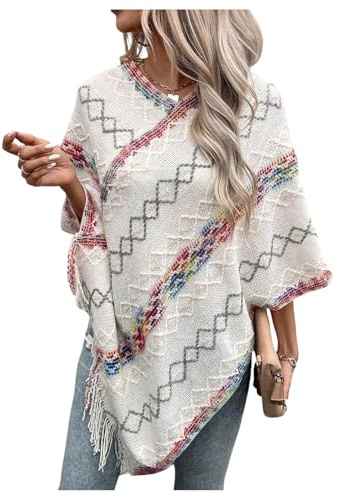 BEAUDRM Women's Fringe Poncho Sweater Boho Shawl Cape Tassel Lightweight Shawl Wraps Oversized Knitted Pullover Top White One-Size