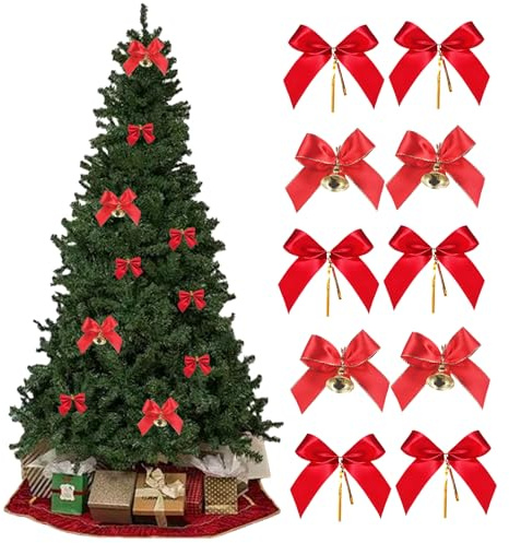 SSKHE 50 lazos rojos para árbol de Navidad, lazos de terciopelo con campanas, material de poliéster, decoraciones navideñas del Reino Unido
