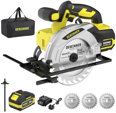 DEWINNER Sierra Circular Inalámbrica,Sierra Circular de Mano 4000RPM con Batería 4.0Ah,Corte 54mm(90°)-38mm(45°), 3 Hojas 165mm 24Dientes + Bolsa Lona, Ideal para Corte Madera (una batería)