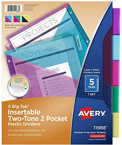 Avery Big Tab Insertable Plastic 2 Pocket Dividers for 3 Ring Binders, 5 Tab Set, Bright Two-Tone Multicolor, Works with Sheet Protectors, 1 Set (00031)