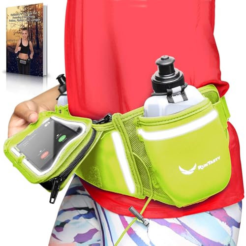 Runtasty Lime Green Hydration Belt - Running Fuel Belt w/ 2 BPA-Free 10 oz Water Bottles, Dual Tilt-Up Pocket w/Touchscreen Cover - Water-Resistant, Fits All iPhones & Android, No-Bounce Design