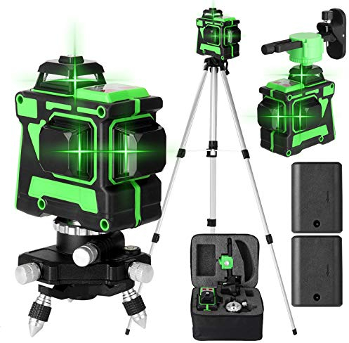 VISLONE Niveau Laser Vert Autonivelant 3x360°, Rotatif 3D 12 Lignes Autonivellement avec 2 Pcs Batterie, Hauteurs Réglable Barre D'extension Trépied