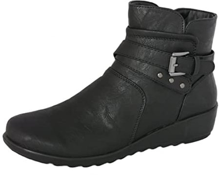 Cushion Walk Damen Stiefeletten Schwarz Low Wedge Reißverschluss Schnalle Nieten rutschfeste Sohle Größe 37-42, Schwarz , 40 EU