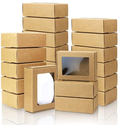 BadenBach 50-pack mini kraftlådor med klart fönster, 8,4 cm x 5,8 cm x 3 cm, brun | Små presentlådor i papper, för hemmagjord tvål, godis, kakor, festgåvor, godis, smyckesinslagning tillbehör