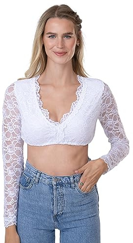Schöneberger Trachten Couture Dirndl Blouse Made of Lace White & Partially Transparent – Exclusive Women's Long Sleeve Dirndl Blouse Jara, White, 10