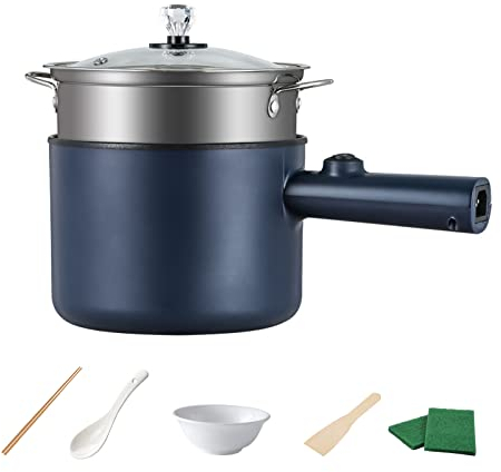 maxant Mini casserole électrique de 1,8 L antiadhésive, poêle portable avec couvercle, spatule et multicuiseur, cuiseur vapeur multifonction pour voyage/dortoir (Cuiseur vapeur bleu) (UD0303)