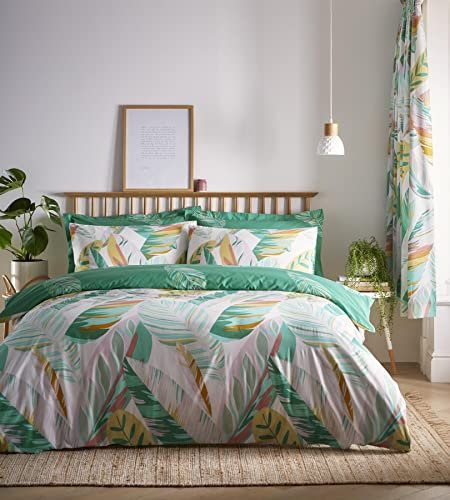 Charlotte Thomas Palm Leaves Fully Reversible Double Duvet Cover Set Green 144 Thread Count Steel Fasteners