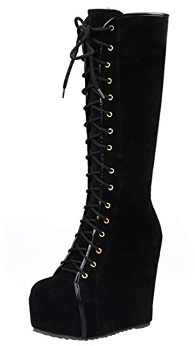 Bellirala Womens Hidden Wedge Knee High Lace Up Platform Boots with Zip(black,US Size 10)