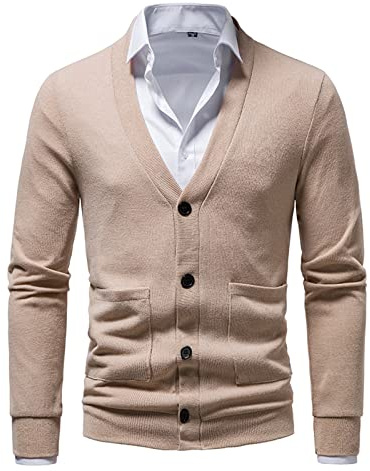 Suéter de primavera y verano para hombre, parte superior, fino, informal, de color sólido, con bolsillo grande, cárdigan de punto, chaqueta de jersey, camiseta para hombre, cálido, caqui, L