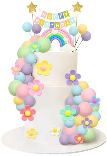 39Pezzi Palline Pastello Cake Topper，Margherite Fiori Palline Decorazione，Torta Boho Arcobaleno Cake Topper，Happy Birthday Banner per Feste，Compleanni,matrimoni,baby shower decorazione della torta