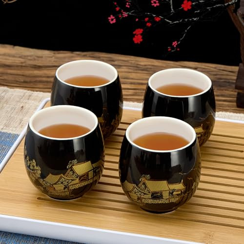 DUJUST Set de 4 tasses à thé japonaises traditionnelles, belles tasses à thé asiatiques, cadeau pour adultes, amateurs de thé/femmes/hommes (Campagne en or)
