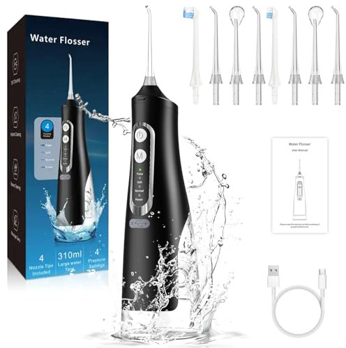 Yeerain Munddusche Zahndusche mit 4 Modi & 8 Düsen, 310ML Water Flosser Kabellose Zahnreinigung, IPX7 Wasserdicht & USB Wiederaufladbar, Tragbare Mundduschen Waterflosser für Reisen & Hause