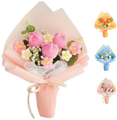 Kit de bouquet de fleurs au crochet fait à la main - Tulipes artificielles tricotées - Bouquet floral fini tricoté pour la fête des mères, la Saint-Valentin, un anniversaire, décoration d'intérieur