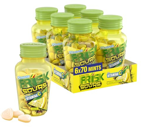 Frisk Sour Lemon, Caramelle Dure, Gusto Limone, senza Zucchero, Confezione da 6 Barattoli con 70 Microcompresse, adatto Fuori Casa o a Lavoro, da Portare Sempre con Te