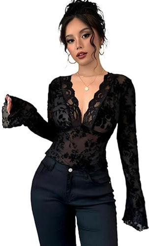SUIUOI Blusa para mujer, cuello en V, manga larga, con borde ondulado, manga de encaje, estilo túnica informal