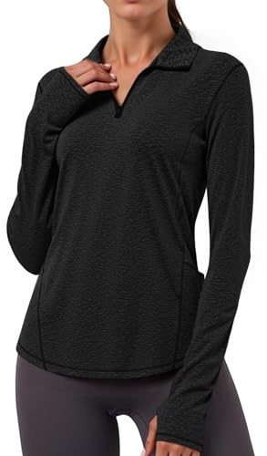 Gyabnw Tee Shirt Sport Femme à Manches Longues Col en V avec Fermeture Éclair Réglable T-Shirts et Tops de Sport Séchage Rapide Haut Yoga Running Fitness Pilates