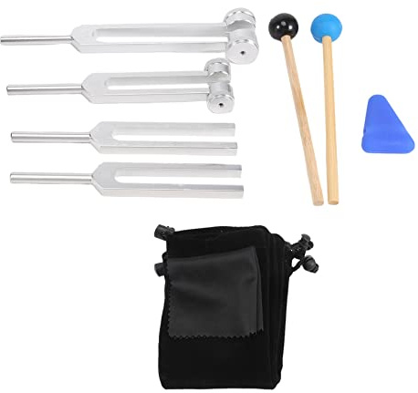 AWAOVV Juego de 4 paquetes de diapasón (128 Hz, 256 Hz, 512 Hz, 528 Hz) con martillo de diapasón para sonido y herramientas de vibración