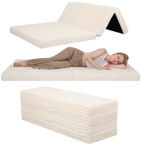 MeMoreCool Folding Floor Mattress 190x120cm, 4-Fold Foam Guest Bed, Beige | High Density Foam Foldable Mattress with Wide Stripe Washable Cover, Portable Futon Bed for Camping, Small Double