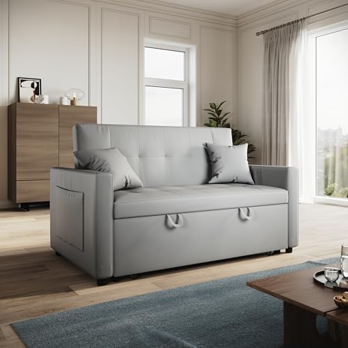 ELEGANT 2 Seater Sofa Bed with Pull Out Sectional, 3-in-1 Convertible Futon Settee Fabric Anti-Cat Scratch Sofa Couch with Side Pockets for Living Room, Light Gray