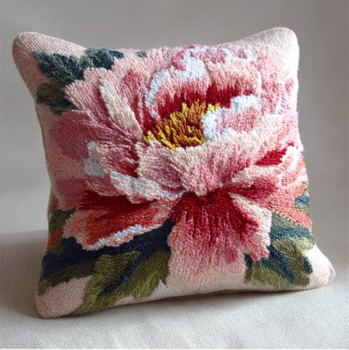 Taxpy Latch Hook Kits Pillow Printed Canvas DIY Peony 17X17 Inch Handmade Cushion Crochet Yarn Embroidery Needlework Hook Latch Kit Pillowcase Rug Cover Christmas Home Sofa Decoration