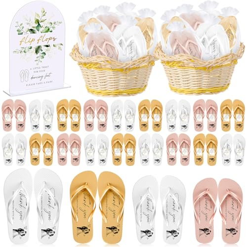 Tivi Tovo 24 Bulk Flip Flops for Wedding Guest, 24/36 Pairs Reception Sandals Bulk Bride Slippers with Size Cards and Bags (Gold,White,Rose Gold)